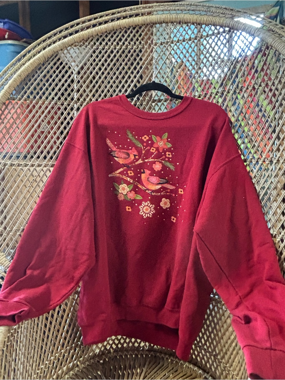 Red Crewneck Sweater with Embroidered Birds and Floral Motif